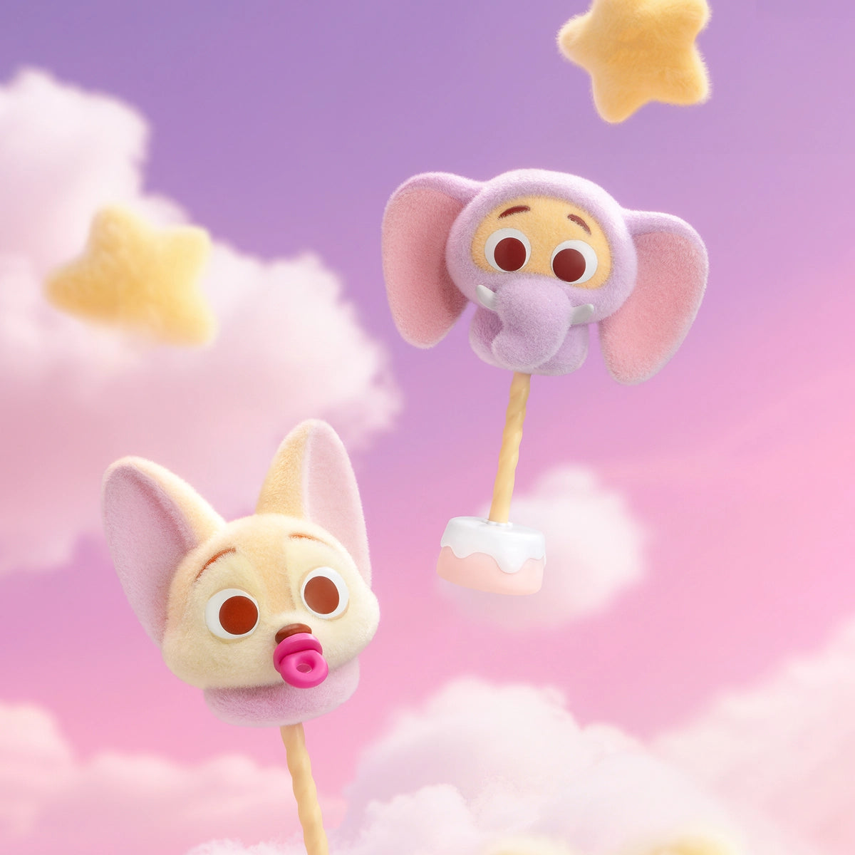 Finnick elephant-costume marshmallow lollipop beside another fennec fox design