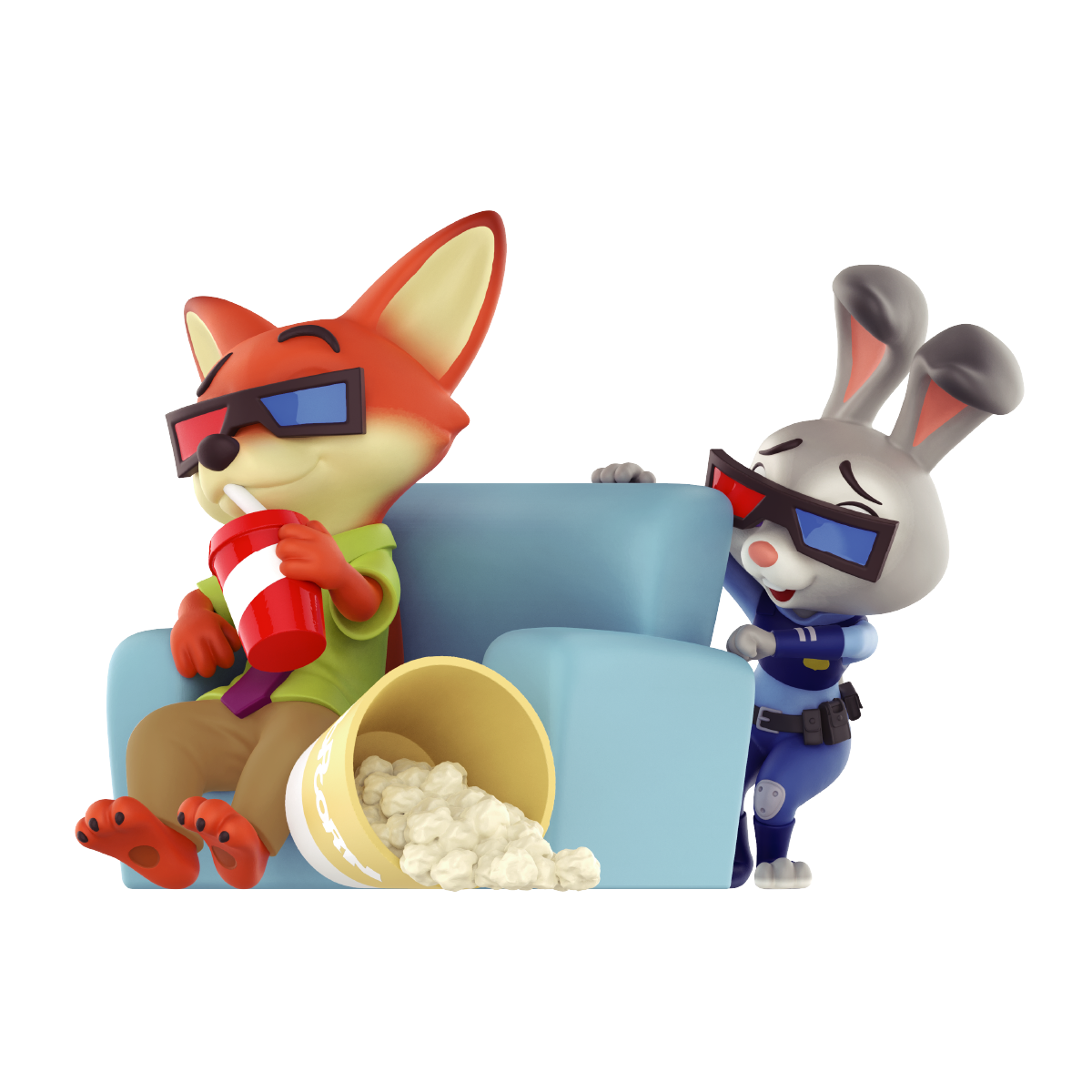 Nick Wilde and Judy Hopps watching a movie in 3D glasses on a blue sofa