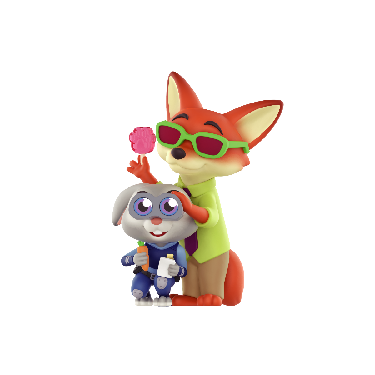 Nick Wilde holding a paw-shaped ice pop over Judy Hopps figure front view
