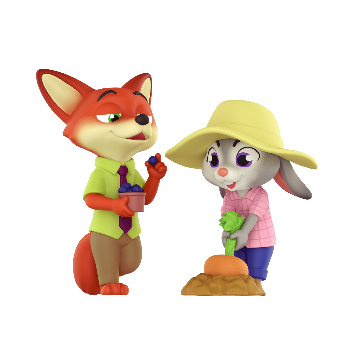 Nick Wilde and Judy Hopps gardening in a carrot patch figure front view