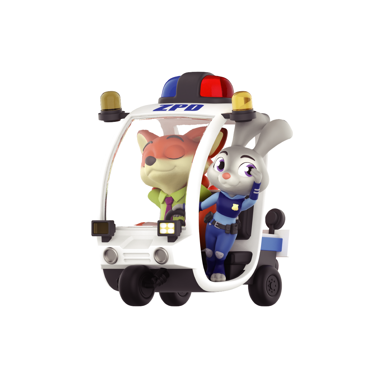 Nick Wilde driving Judy Hopps in a small ZPD cart figure front view