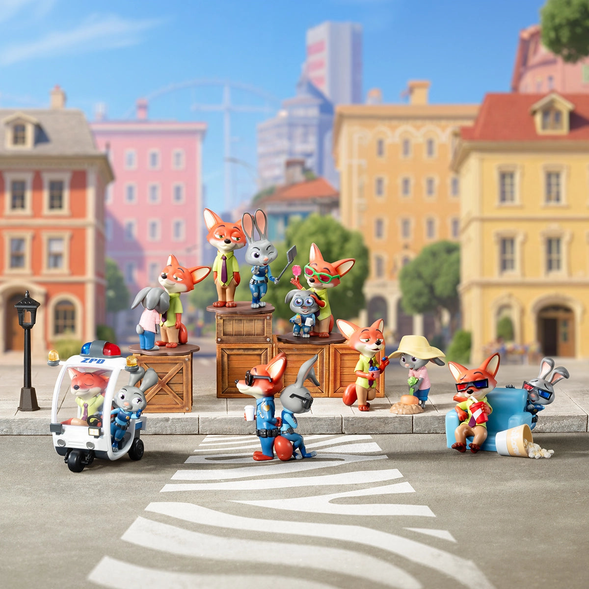 Seven Nick Wilde and Judy Hopps duo figures arranged in a Zootopia city street