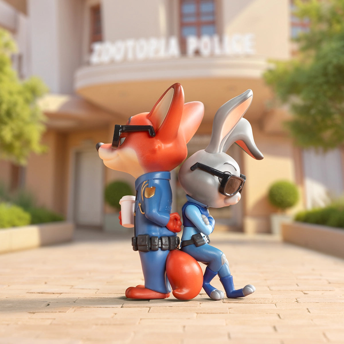 Nick Wilde and Judy Hopps standing back-to-back outside the Zootopia Police Department