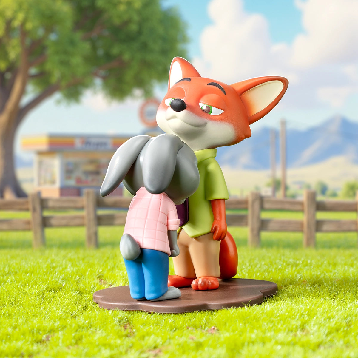 Judy Hopps hugging Nick Wilde in a sunny countryside scene