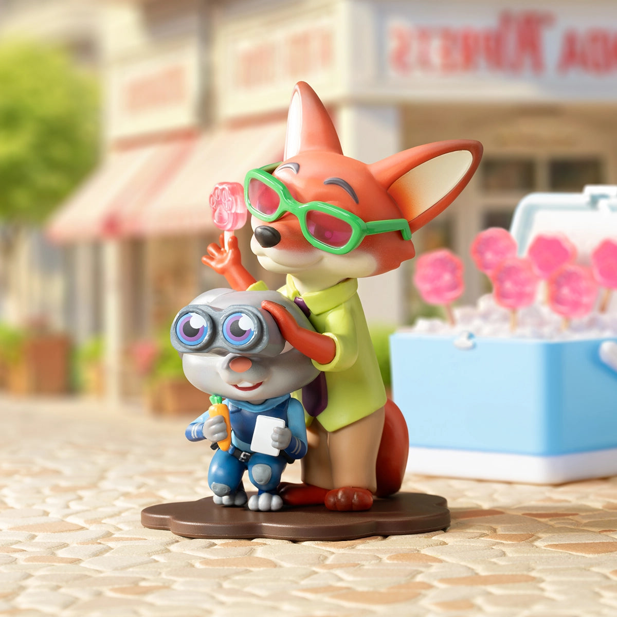 Nick Wilde holding a pink paw-shaped ice pop above Judy Hopps at an ice-pop stand