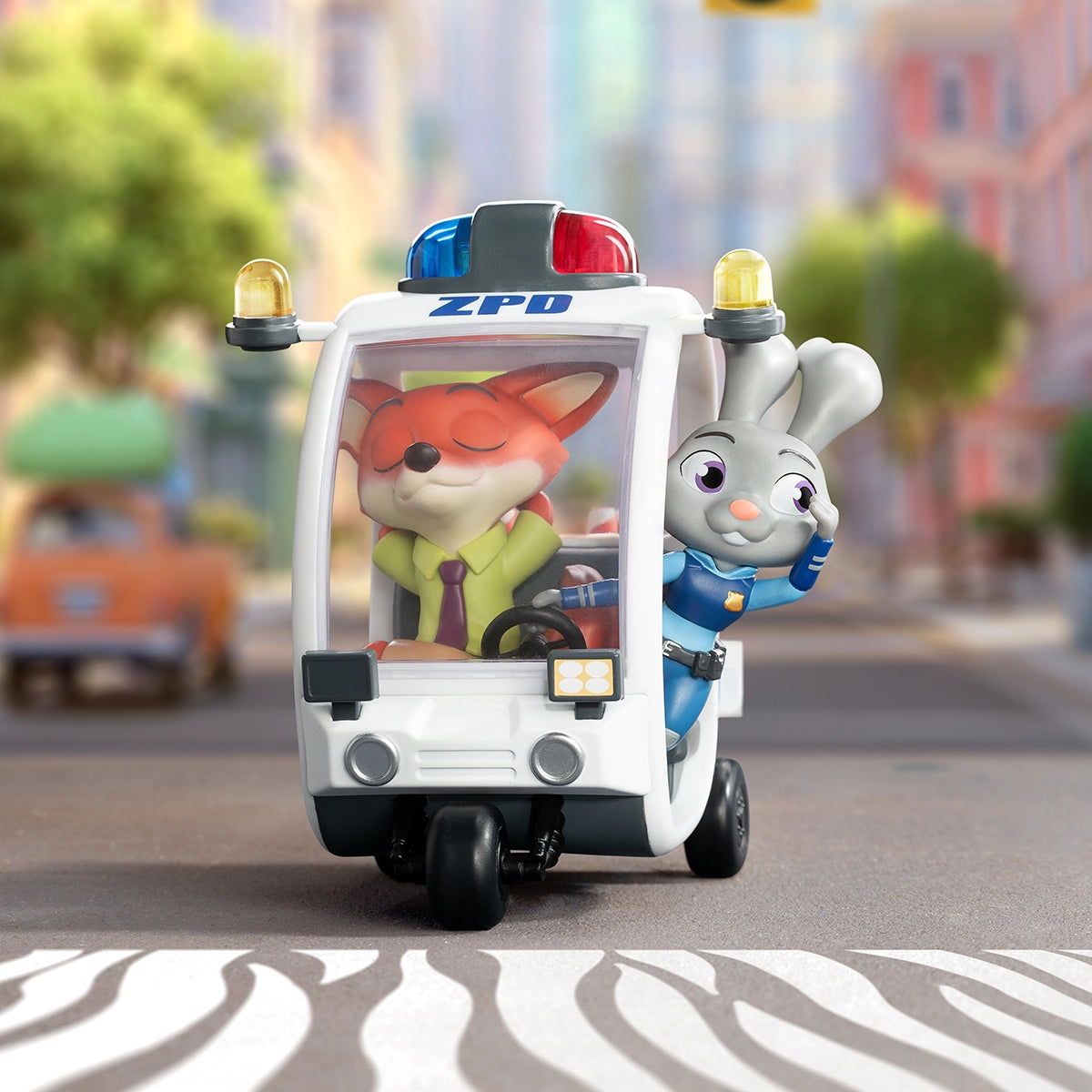 Nick Wilde driving a small ZPD cart while Judy Hopps hangs from the side