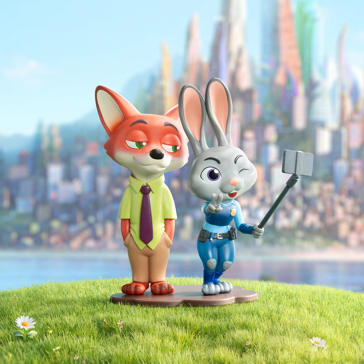 Judy Hopps taking a selfie with Nick Wilde against the Zootopia skyline