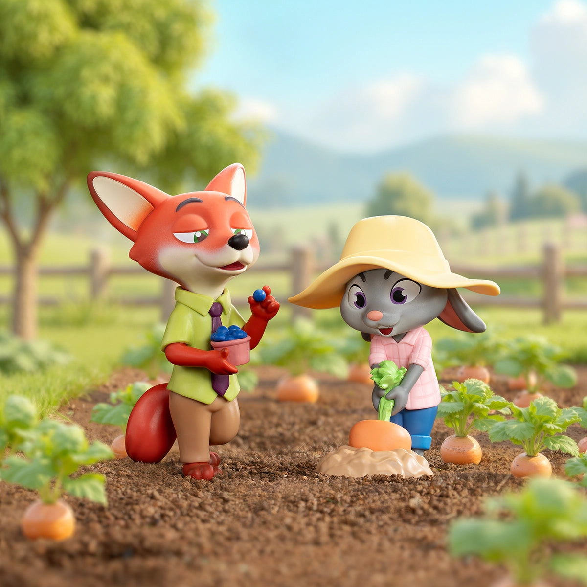 Nick Wilde and Judy Hopps gardening together in a carrot field