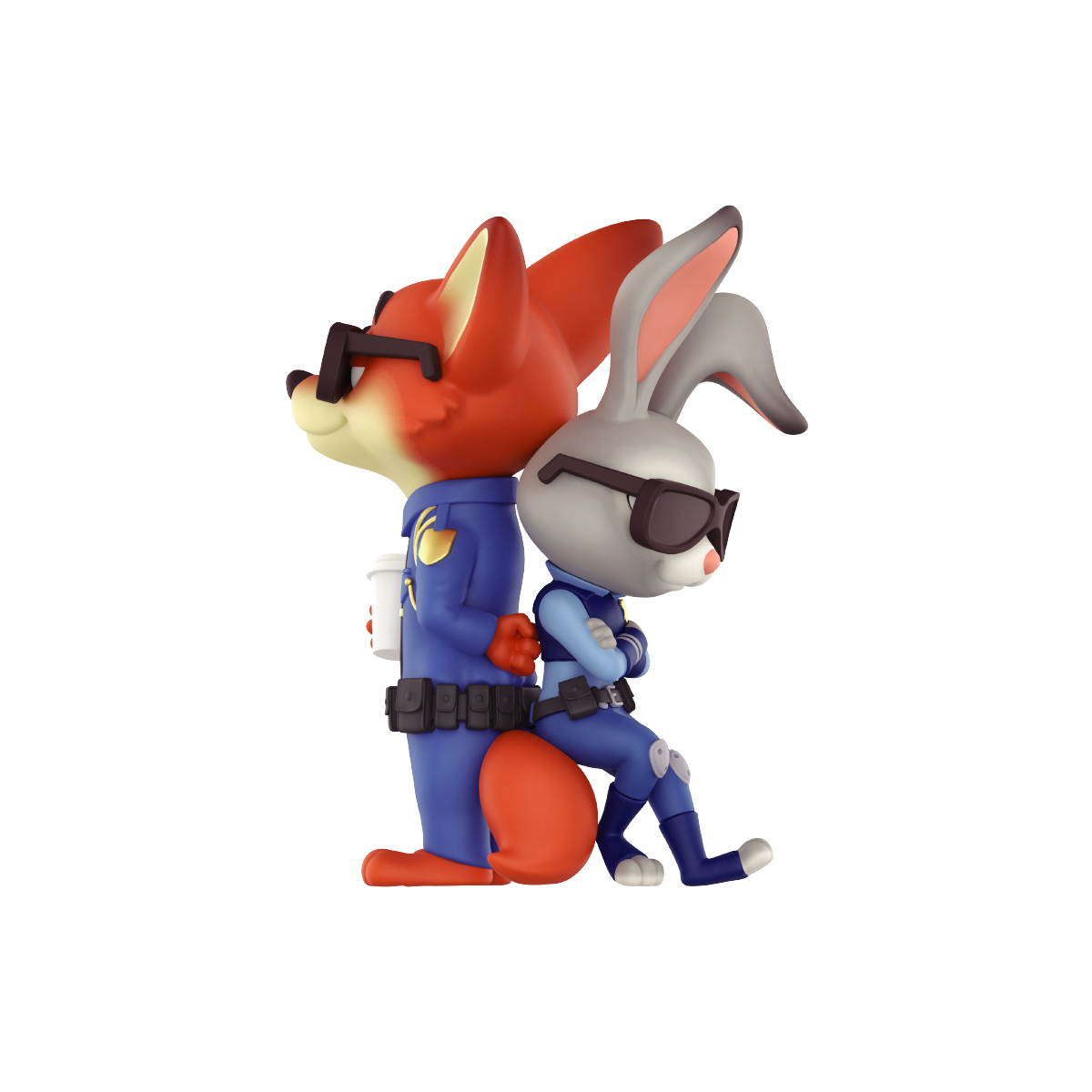 Nick Wilde and Judy Hopps standing back-to-back in sunglasses and police uniforms